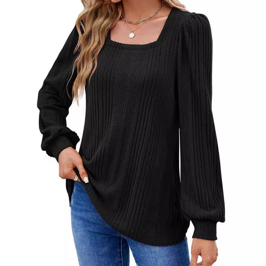Damen modischer Pullover mit strukturiertem Rippmuster und Puffärmeln EB