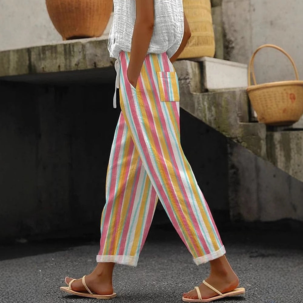 Damen Weite Leinenhose mit handgewebtem Muster EB