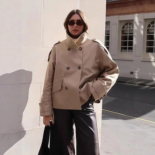 Damen modische Doppelreiher-Jacke mit hohem Kragen und strukturiertem Design EB