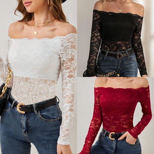 Damen Off-Shoulder Spitze Bodybluse EB