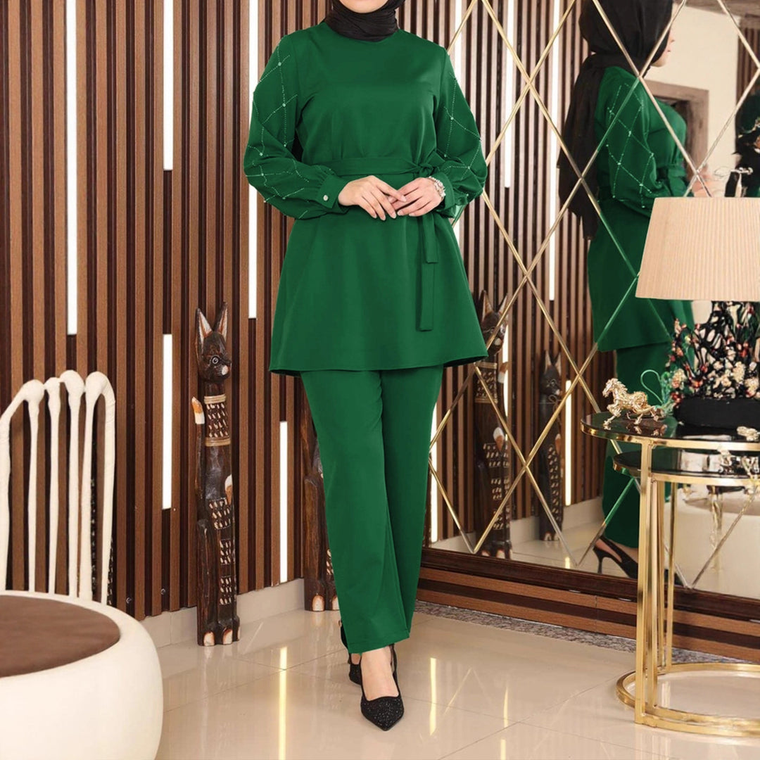 Damen Elegantes zweiteiliges Tunika-Set mit Taillengürtel und Zierärmeln EB
