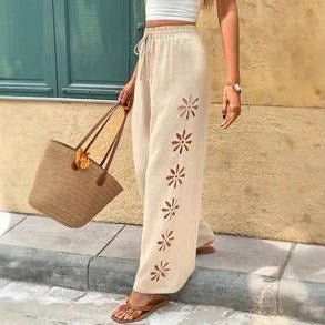 Damen Weite Stoffhose mit Stickerei EB