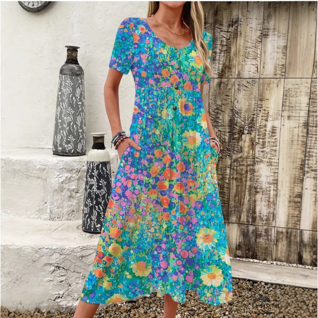 Damen Maxi-Kleid mit floralem Design und praktischen Taschen EB