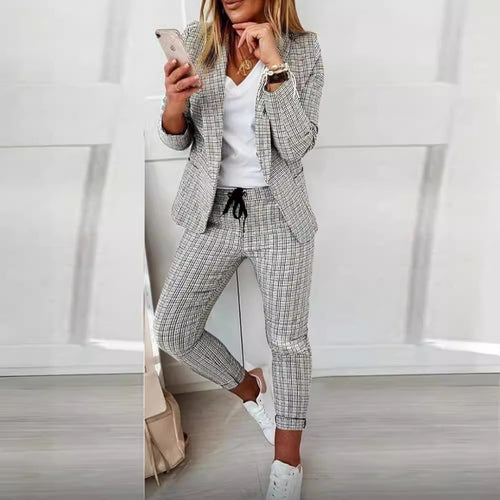 Damen nan lässig-elegantes Karozweiteiler Blazer mit Tunnelzug-Slimhose EB