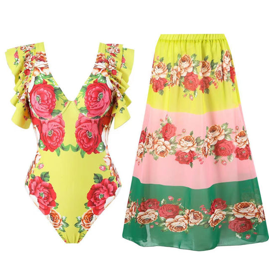 Damen Badeanzug mit modischen Rüschendetails und floralem Wickelrock EB