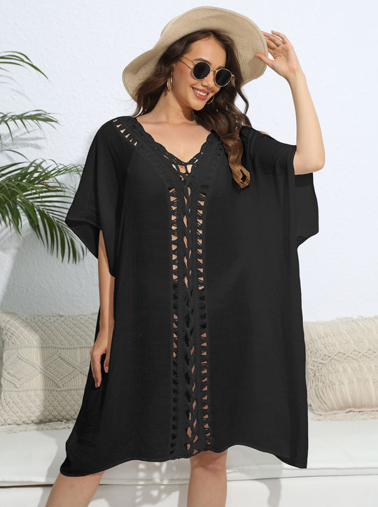 Damen luftiger Kaftan mit filigranem Häkelmuster EB