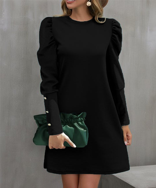 Damen nan elegantes A-Linien Minikleid mit gerafften Puffärmeln und dekorativen Manschettenknöpfen EB
