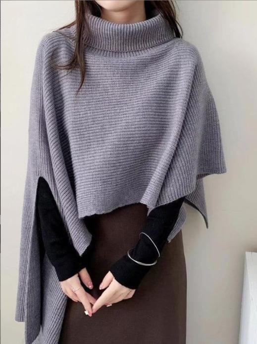 Damen Strickponcho mit hohem Kragen und asymmetrischem Schnitt EB