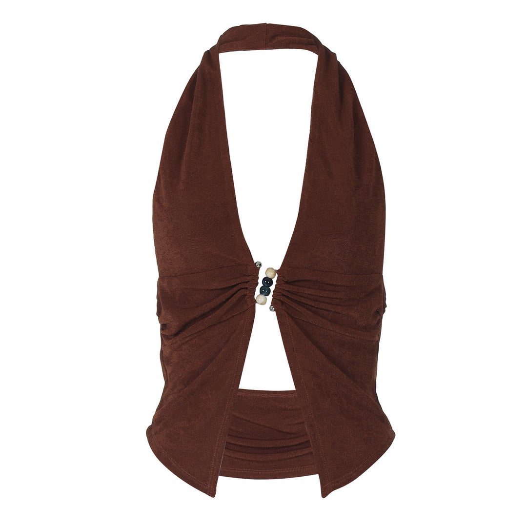 Damen Haltertop mit eleganter Raffung und dekorativen Perlen EB