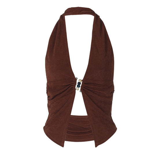 Damen Haltertop mit eleganter Raffung und dekorativen Perlen EB