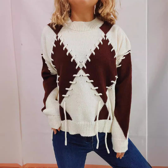 Damen gemütlicher Strickpullover mit auffälligem Design und modernen Schnürdetails EB