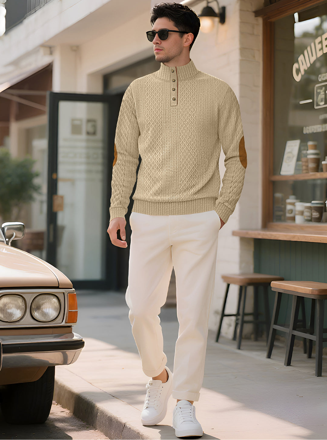 Herren nan edler Knopfsweater im Zopfmuster mit hohem Stehkragen und Wildleder-Ellenbogenpatches EB