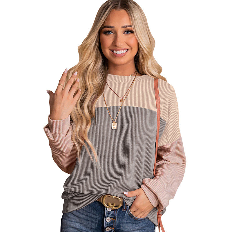 Damen lässiger Pullover mit Rippstruktur und Farbblöcken EB