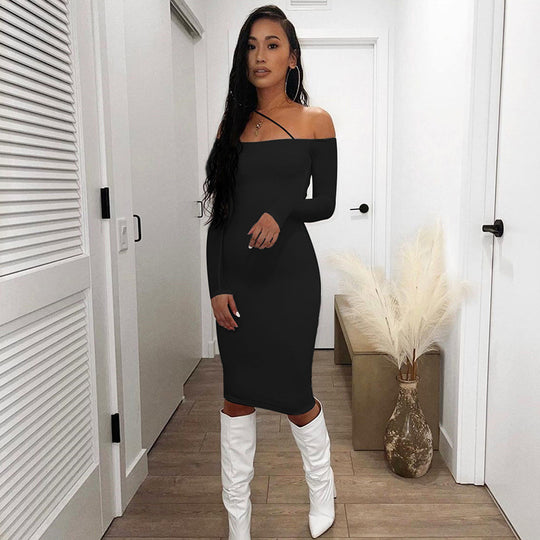 Damen figurbetontes Off-Shoulder-Minikleid mit langen Ärmeln EB