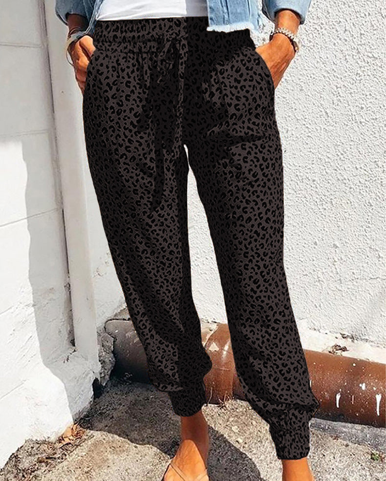Damen nan lässige Leoparden-Print Jogginghose mit Tunnelzug, Eingrifftaschen und elastischen Bündchen EB