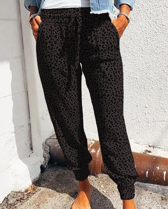 Damen nan lässige Leoparden-Print Jogginghose mit Tunnelzug, Eingrifftaschen und elastischen Bündchen EB