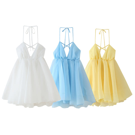 Damen Sommerliches Chiffonkleid mit verstellbaren Trägern und voluminösem Rock EB