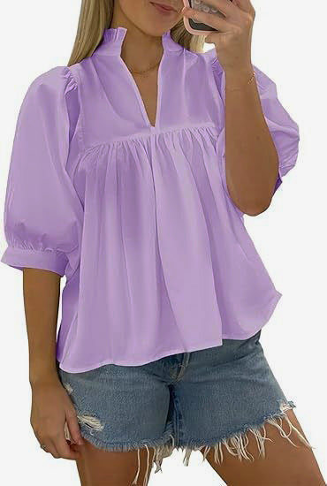 Damen elegante kurzärmlige Bluse mit Rüschendetails und lässigem Schnitt EB