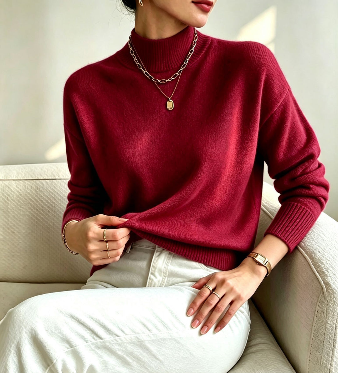 Damen kuscheliger Feinstrickpullover mit Stehkragen und überschnittener Schulter EB