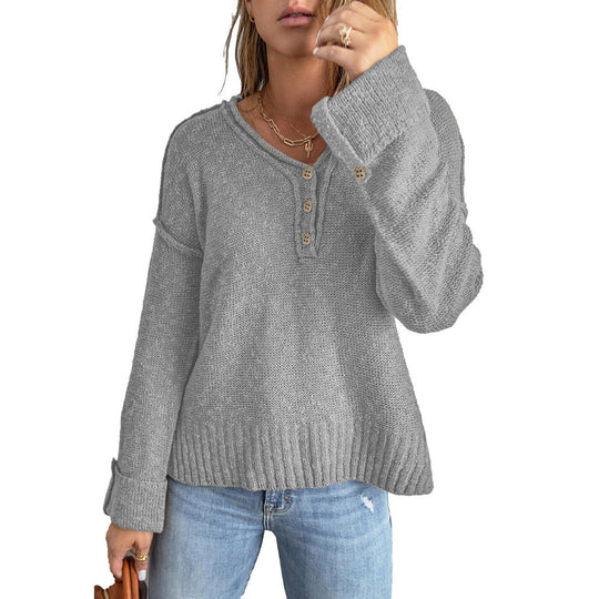 Damen Grober Strickpullover mit Knopfleiste und weitem Schnitt EB