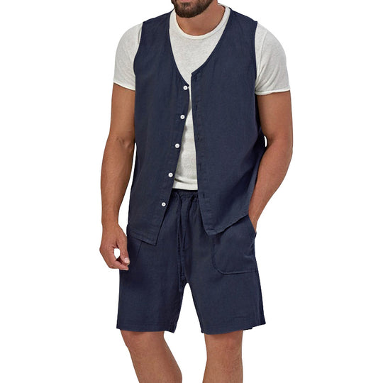 Herren nan zweiteiliges Freizeit-Set mit ärmelloser Knopfweste und weiten Kordelzug-Shorts mit aufgesetzten Taschen EB