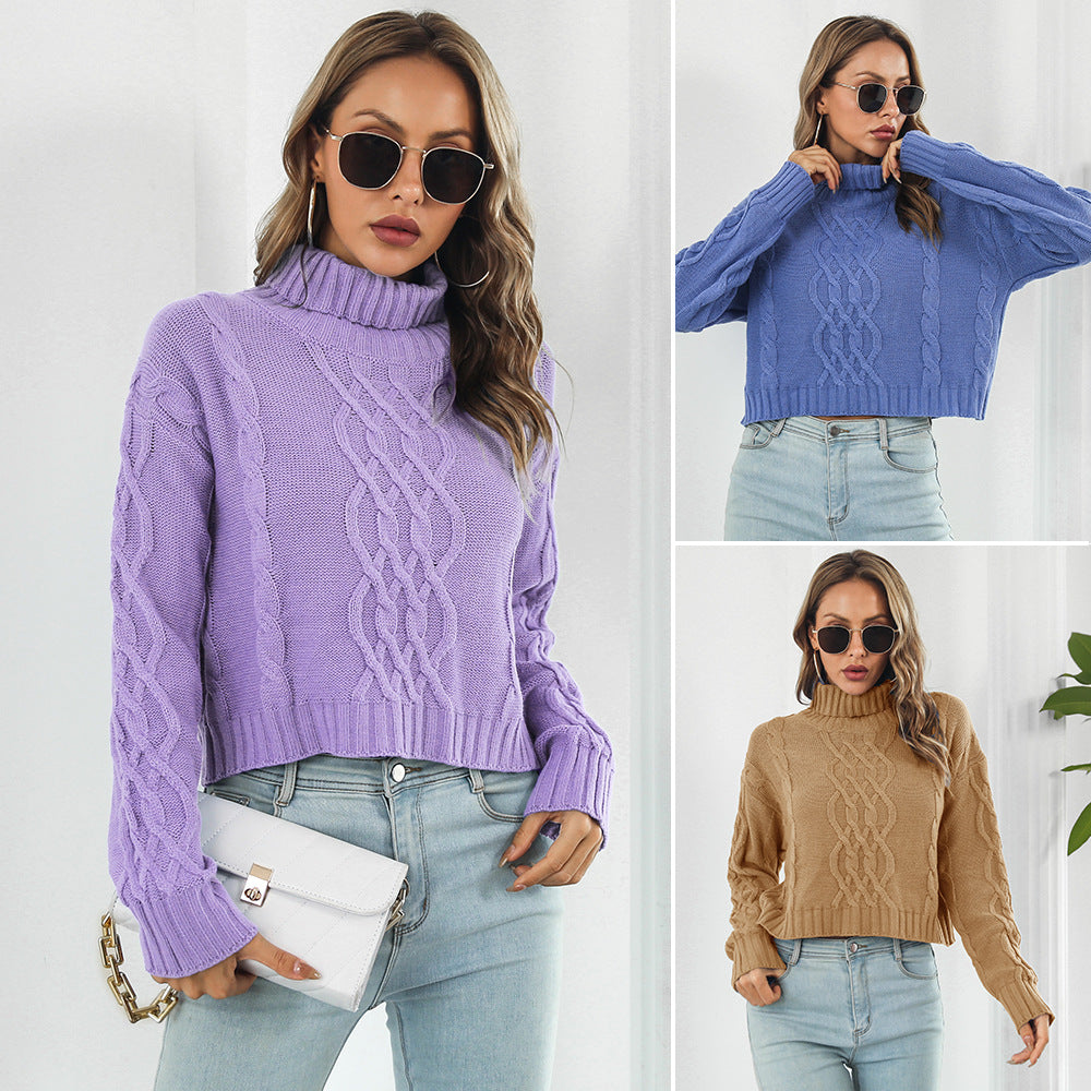 Damen Grobstrickpullover mit hohem Kragen und Zopfmuster EB
