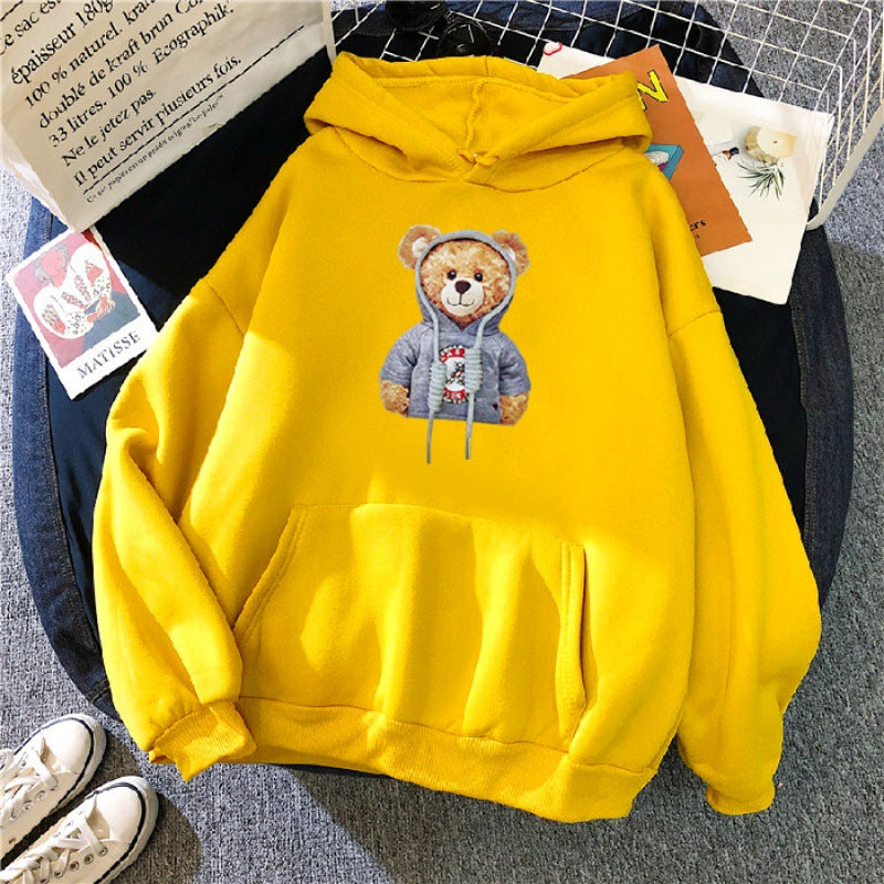 Unisex nan lässiger Oversize Kapuzenpullover mit Teddy-Frontprint, Kängurutasche und weichem Fleece-Innenfutter EB