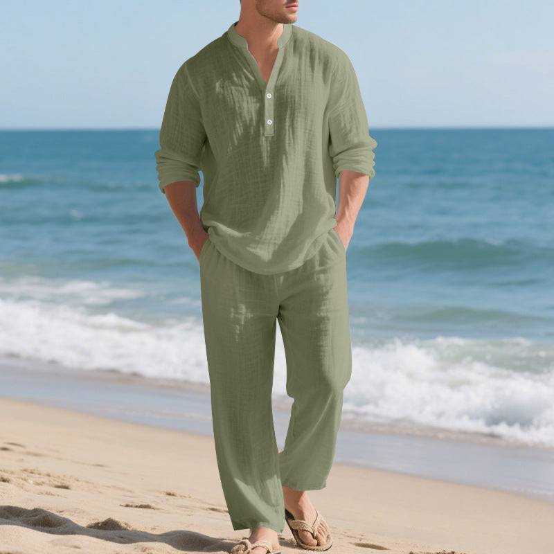 Herren komfortables Homewear-Set mit eleganter Knopfleiste und langen Hosen EB