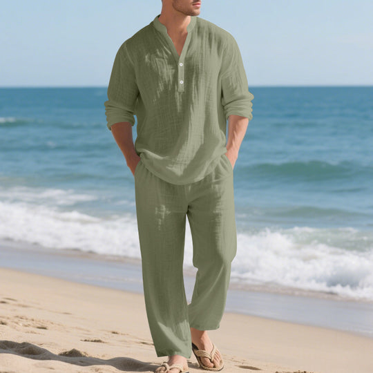 Herren komfortables Homewear-Set mit eleganter Knopfleiste und langen Hosen EB