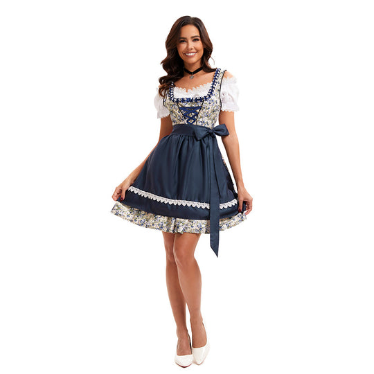 Damen nan kurzes traditionelles Dirndl mit Schnürung, Schürze und Spitzenbluse EB