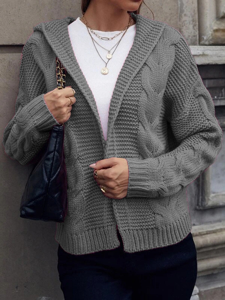 Damen Strickjacke mit Kapuze und dekorativem Kabelmuster EB