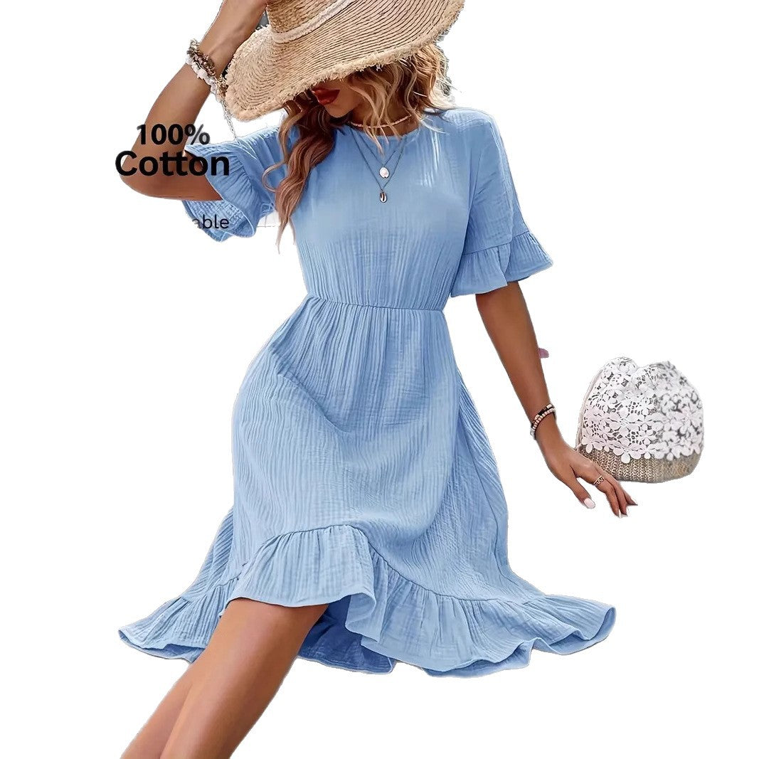 Damen Midi Kleid mit Volants und leichtem Gummizug EB