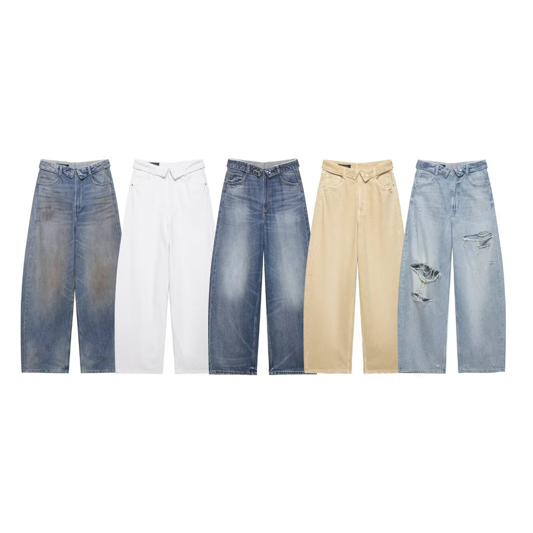 Damen nan weite Highwaist-Jeans im Vintage-Look mit ausgefransten Rissen EB