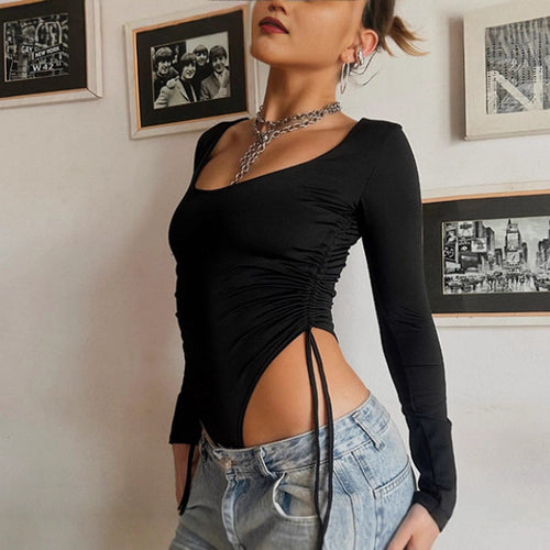 Damen Eleganter langärmeliger Bodysuit mit gerafften Seitenteilen und tiefem Ausschnitt EB