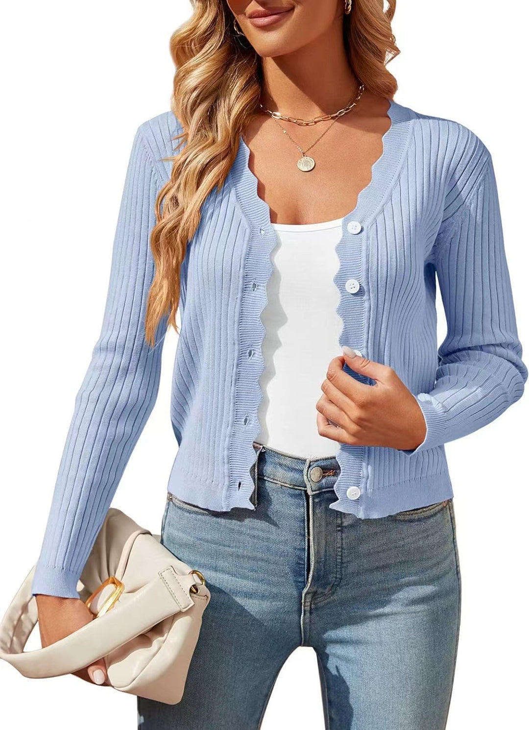 Damen elegante Strickjacke mit Wellenkante EB