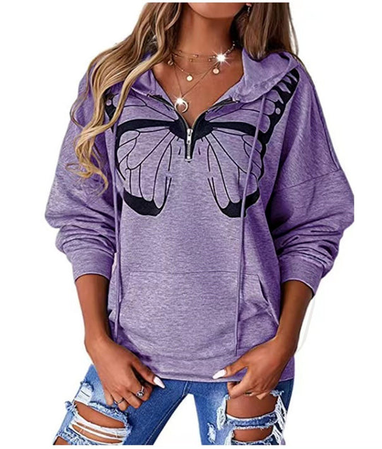 Damen lässiger Kapuzenpullover mit Schmetterlingsdruck und Halber Reißverschluss EB