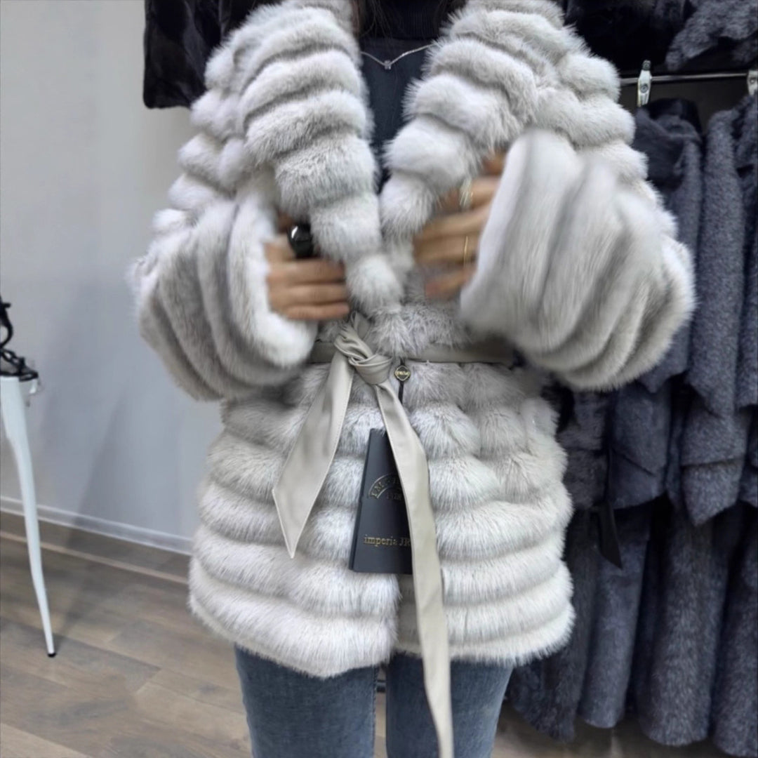 Damen Flauschiger Boucle-Cardigan mit Bindegürtel und weitem Schnitt EB