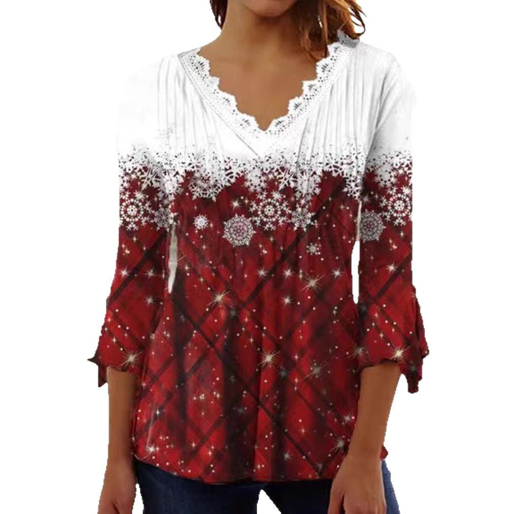Damen Blusenshirt mit elegantem Spitzenhals und festlichem Karomuster Heidi-Mode