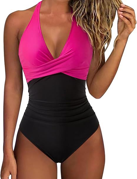 Damen Hochtaillierter Badeanzug mit tiefem V-Ausschnitt und floralem Design EB