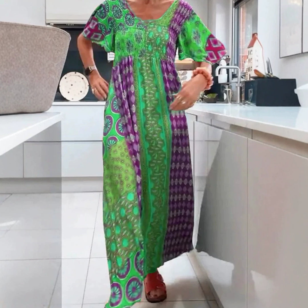 Damen nan Boho Maxikleid mit gesmoktem Oberteil und weitem Fließrock EB