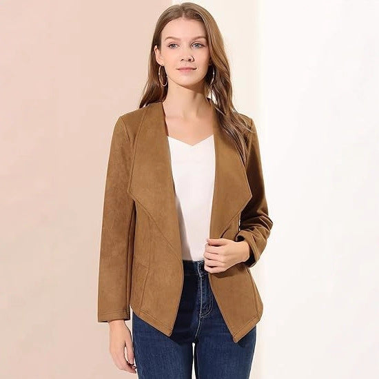 Damen modische Synthetiklederjacke mit offenem Schnitt und Taschen EB