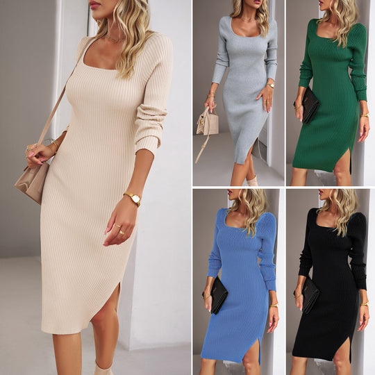 Damen Figurbetontes Strickkleid mit Rundhalsausschnitt und langen Ärmeln EB