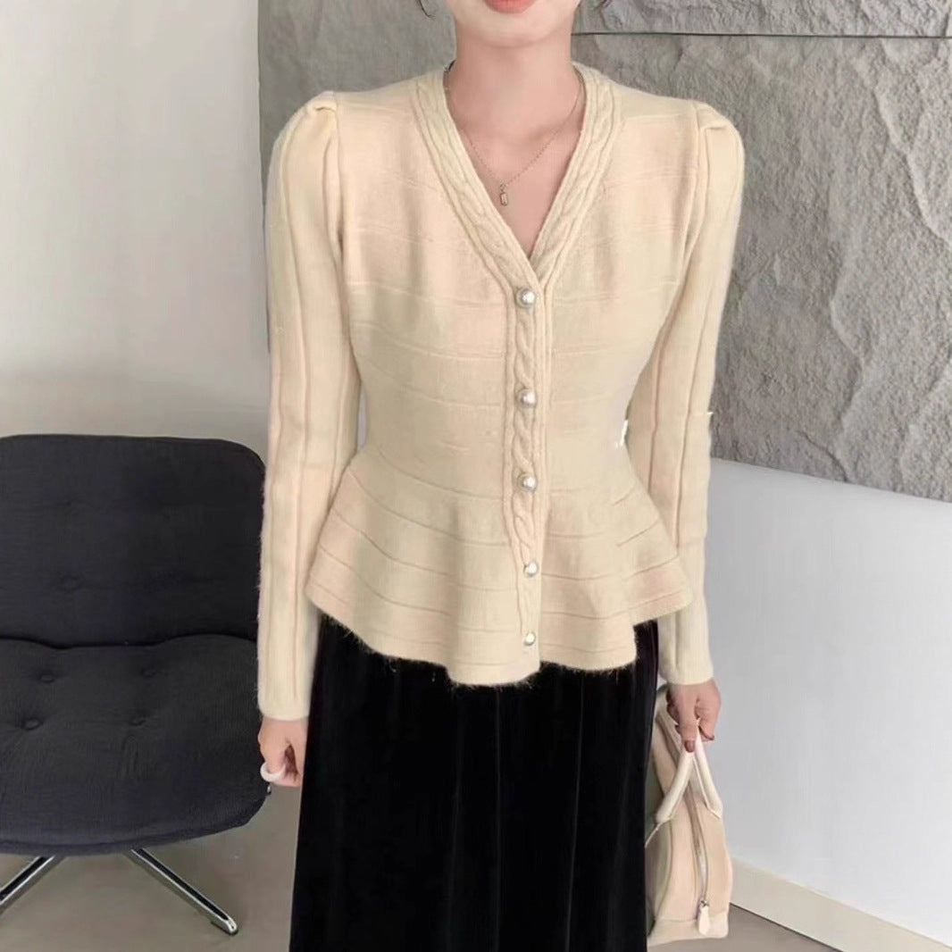 Damen elegante Strickjacke mit strukturiertem Design und femininen Puffärmeln EB
