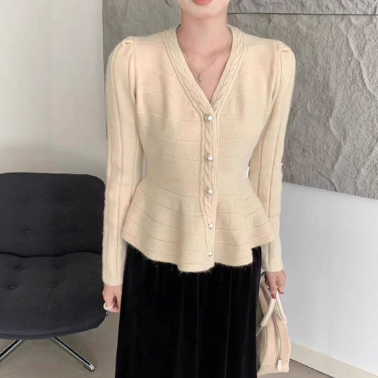Damen elegante Strickjacke mit strukturiertem Design und femininen Puffärmeln EB
