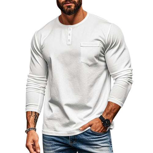 Herren langärmliges Henley-Shirt mit strukturierter Baumwolloberfläche und Brusttasche EB