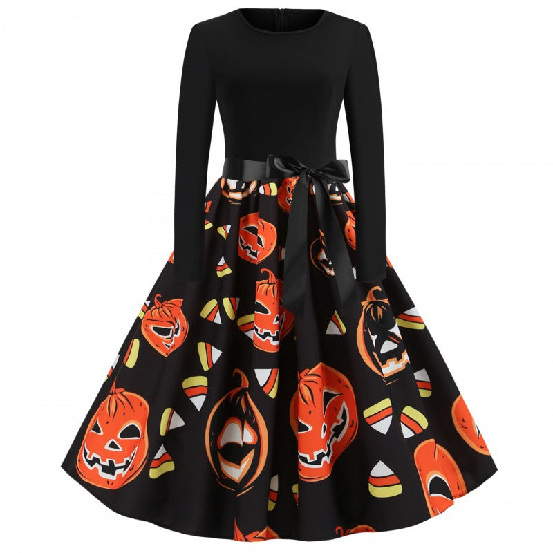 Damen Retro Swing-Kleid mit Halloween Kürbisprint und Taillenschleife EB