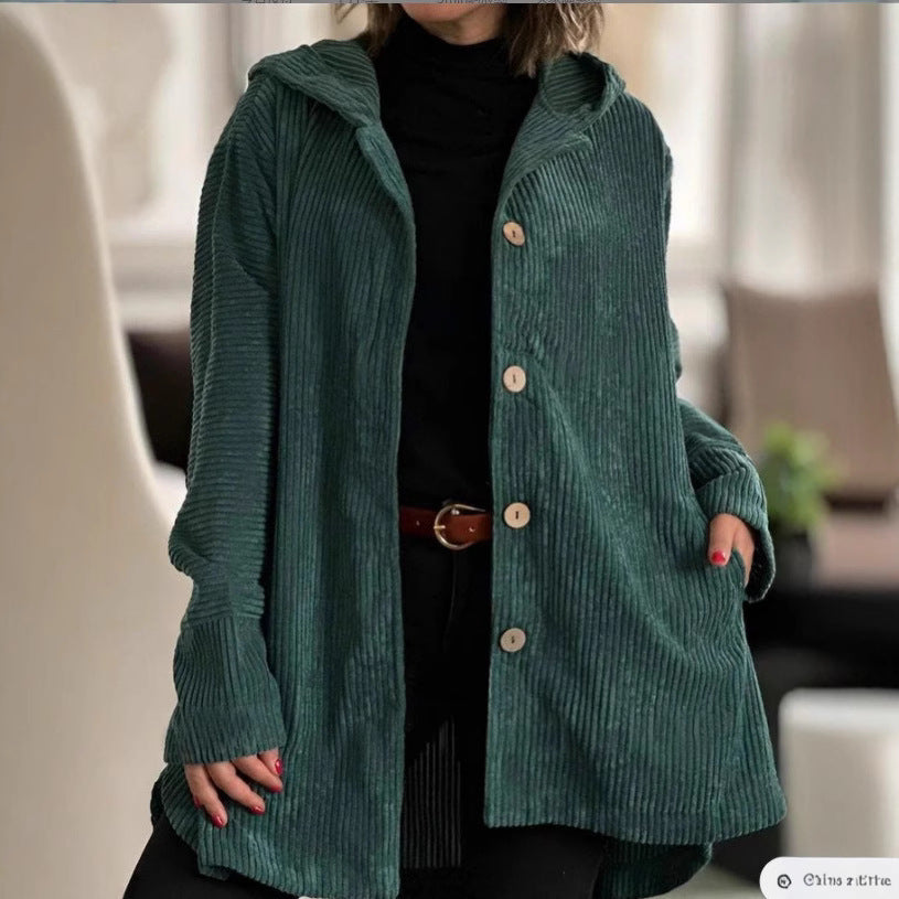 Damen Kapuzenjacke aus Rippstoff mit Holzknöpfen und Freizeit-Schnitt EB