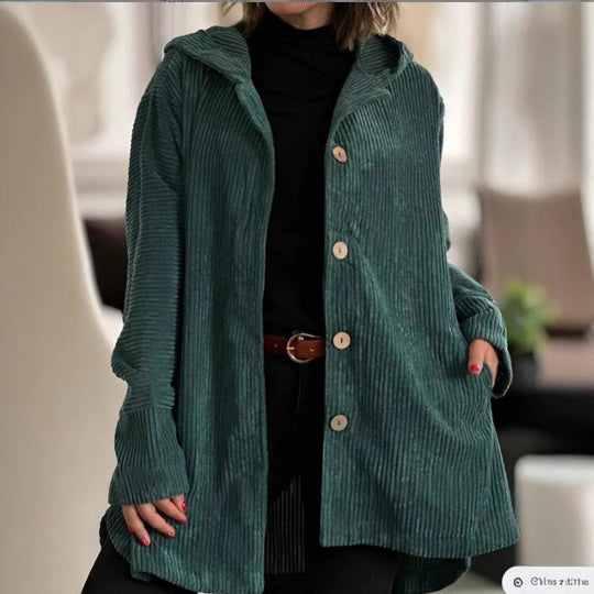 Damen Kapuzenjacke aus Rippstoff mit Holzknöpfen und Freizeit-Schnitt EB