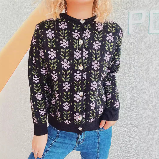 Damen Strickjacke mit floralem Muster und durchgehender Knopfleiste EB