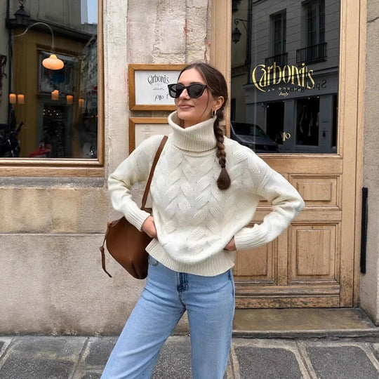 Damen gemütlicher Pullover mit hohem Kragen und Kabelstrick EB
